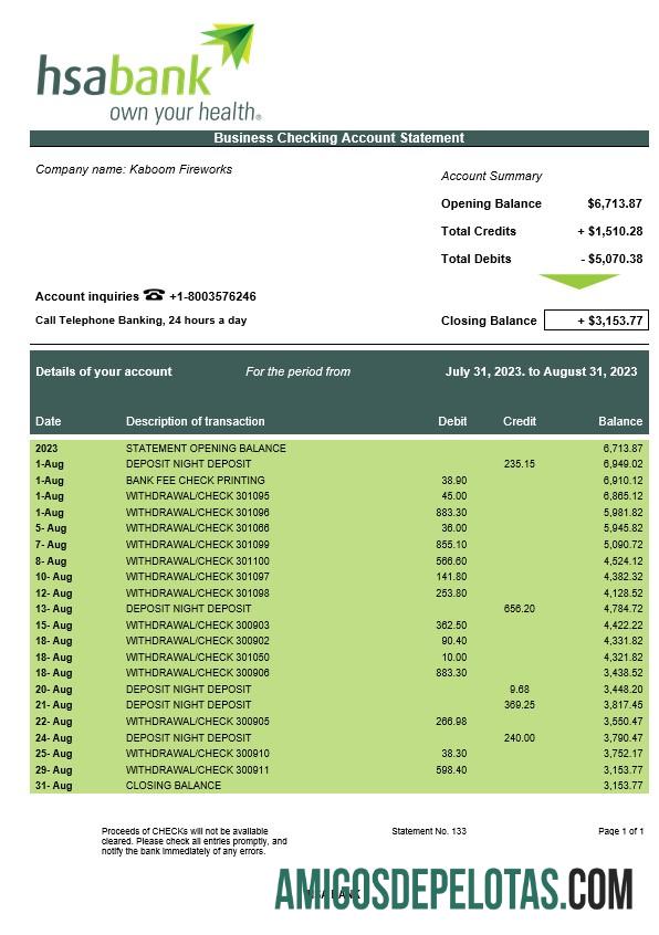 Em branco Extrato de conta empresarial do HSA Bank modelo Word e PDF